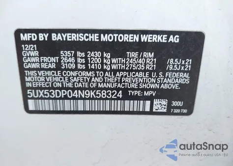 2022 BMW X3 xDrive30I из США, поврежденный, VIN 5UX53DP04N9K58324